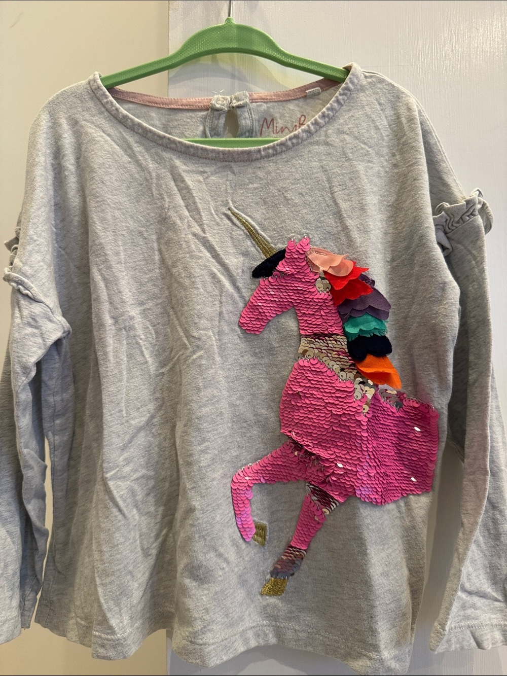 Mini Boden Gray Long-Sleeve Top with Pink Sequin Unicorn
